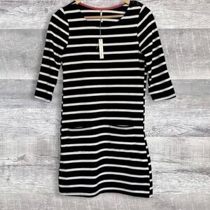 Nine 1 Eight Black White Stripe Mini Dress NEW S Front Pockets 3/4 Sleeve Cotton